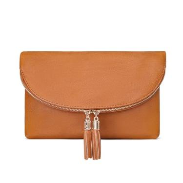 Imagem de Solene Bolsa clutch feminina com vários compartimentos, 6 compartimentos para cartão dentro, bolsa transversal com borlas, Bronzeado, Small