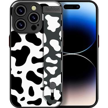 Imagem de IWONE Capa de telefone compatível com iPhone 15 Pro bonita com suporte/proteção contra quedas à prova de choque com alça fina com suporte para mulheres e meninas, compatível com iPhone 15 Pro/padrão de impressão de vaca