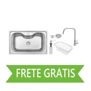 Imagem de Cuba de Sobrepor Morgana 68x48 cm em Aço Inox com Acabamento Acetinado com Torneira, Válvula, Dosador de Sabão e Cesto Tramontina 93806/182