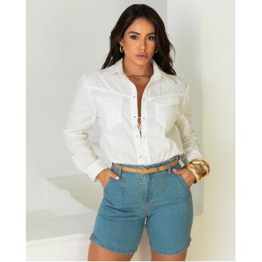 Imagem de Bermuda jeans meia coxa feminina cintura média com cinto - CONSCIÊNCIA