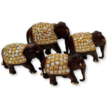 Imagem de Familia de 4 Elefantes de Madeira Indiana Detalhes Dourado - Sarat Mod