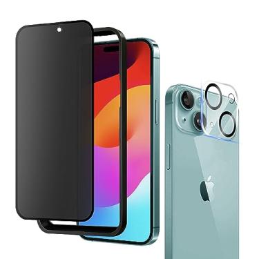 Imagem de ZUKDO Protetor de tela de privacidade fosco para iPhone 15 de 6,1 polegadas com protetor de lente de câmera, cobertura total, antirreflexo, antiespião, filme de vidro temperado, antiimpressão digital,