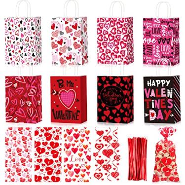 Imagem de Tatuo 32 sacos de papel kraft para presente de dia dos namorados, 60 peças, sacos de papel de celofane para casamento, festa de Dia dos Namorados, presente para crianças, prêmios de troca de sala de aula, 2 tamanhos