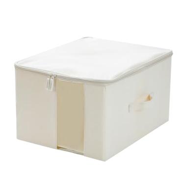 Imagem de EZEKMAF Bolsa de armazenamento de roupas de 40 L, 45 x 35 x 25 cm, organizadores de armário de linho vertical com janela e 2 alças para edredom, cobertor, suéter, recipiente dobrável com zíper, bege