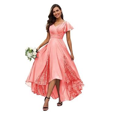 Imagem de Vestido longo para mãe da noiva com aplique de manga curta chiffon vestido de dama de honra decote em V vestido de festa formal de renda, Coral, 36