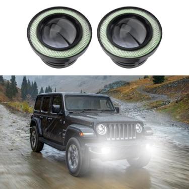 Imagem de HEVLE 2 peças de faróis de neblina Angel Eye Halo para carros, faróis de neblina universais, projetor de LED super brilhante de alta potência com anéis de halo, luz diurna DRL, lâmpadas para dirigir