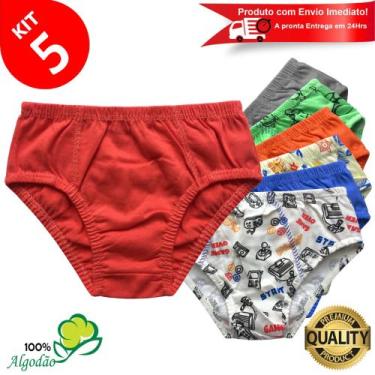 Imagem de Kit 5 Cuecas Infantil Slip Lisa e Estampada Menino Algodão Revenda - L