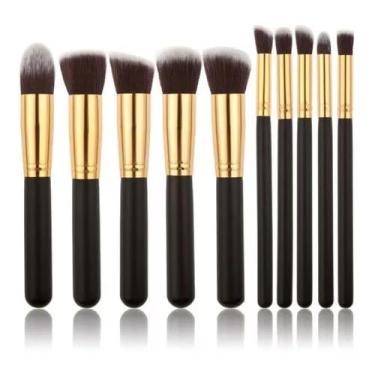 Imagem de Kit 10 Pincéis Profissionais para Maquiagem, Cabelos Sintéticos, Cabos Pretos e Dourados
