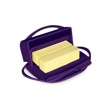 Imagem de Butterie Manteiga flip-top com tampa e faca combinando, comporta 2 palitos/manteiga europeia, suporte de manteiga sem bagunça, à prova de estilhaçamento, pode ser lavado na lava-louças, roxo