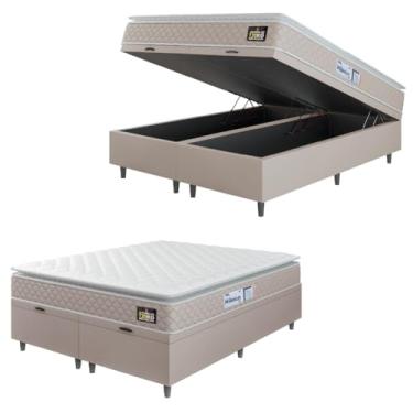 Imagem de Cama Box Baú Casal Queen Colchão Espuma D33 Pillow Top Millenium 158x198x60cm Suede Hellen – Suporta Até 120 Kg Por Pessoa (Bege/Branco)
