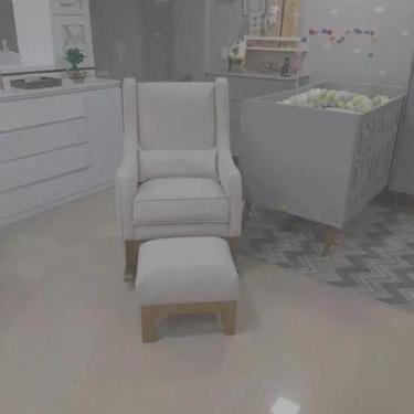 Imagem de Poltrona Amamentação Aquila Balanço Retrô Com puff Base Madeira Linho 