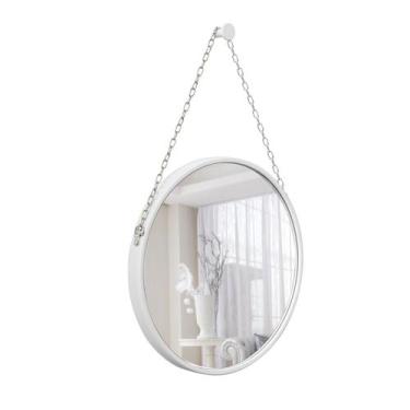 Imagem de Espelho Decorativo Adnet Branco Alça Corrente Cromada 50 cm Redondo - 