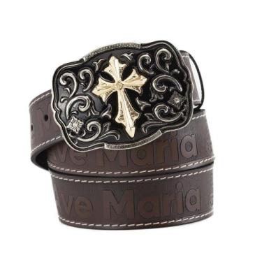 Imagem de Cinto Country Feminino Masculino Ave Maria Couro com Fivela Cruz de Ma