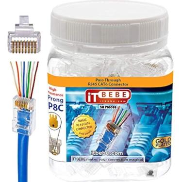 Imagem de Conectores de passagem ITBEBE RJ45 Cat6 50 peças - Conector de crimpagem de entrada de Ethernet transparente banhado a ouro conector de crimpagem para cabos de 24 AWG