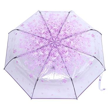 Imagem de Guarda-chuva Dobrável Transparente Elegante Princesa Flor de Cerejeira Ecológico Resistente à Prova de Vento Manual Aberto para Dias Chuvosos (Roxo claro)