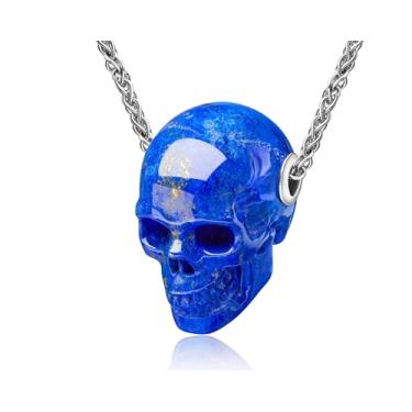 Imagem de Skullis Colar com pingente de caveira de pedra preciosa, ametista, citrino, pedra de um litro, obsidiana preta, lápis-lazúli, malaquita, calcedônia azul, colar de crânio de cristal esculpido com