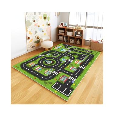 Imagem de Tapete infantil analógico ABC para sala de jogos, carro, vida urbana, estrada para carros, mapa divertido da cidade para quarto de meninos (119 x 178 cm, cidade linda)