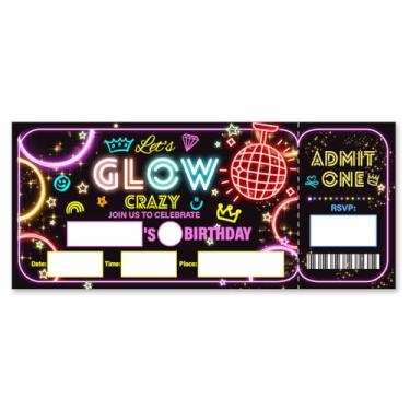 Imagem de brayqu Convites de ingressos de aniversário para festa Glow Convites de preenchimento de bilhetes de discoteca de dança neon (20 convites com envelopes)