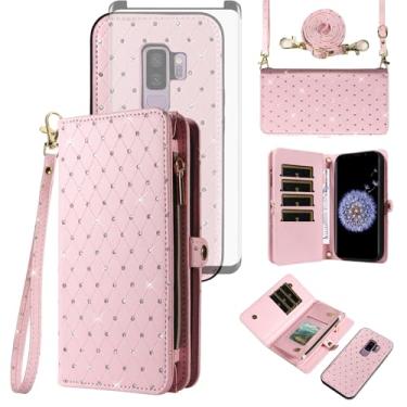 Imagem de Asuwish Capa de celular para Samsung Galaxy S9 Plus carteira com zíper destacável com protetor de tela de vidro temperado alça de cordão flip com glitter slot para cartão S9+ 9S 9+ S 9 9plus S9plus