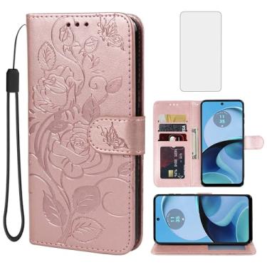 Imagem de Vavies Capa para Moto G14, Motorola G14 XT2341-2 Capa carteira com protetor de tela de vidro temperado, capa de couro floral com suporte para cartão de crédito para Motorola Moto G14 ouro rosa