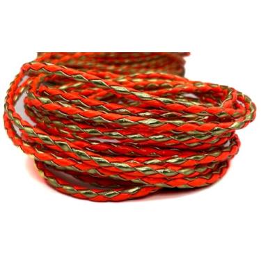 Imagem de Cordão de couro Trançado 4mm - Diversas cores (Laranja neon com dourado)