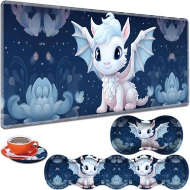 Imagem de ZHUHEHEAH Almofada de mesa grande para jogos 80 cm x 30 cm + almofada de pulso para teclado + almofada de pulso de mouse + base antiderrapante conjunto 4 em 1, espuma viscoelástica ergonômica, alívio