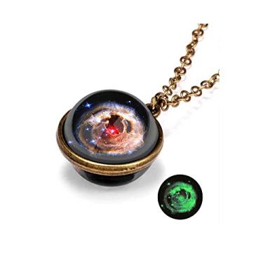 Imagem de Yocoyee Colar com pingente de planeta de galáxia que brilha no escuro, dupla face, vidro, bola de cristal, lua, terra, astronomia, universo, luminios, colar com pedras preciosas para mulheres, homens
