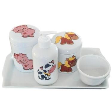Imagem de Kit higiene bebê Fazendinha 5 peças - Bandeja, potes, porta álcool e m