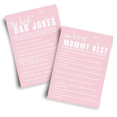Imagem de Jogo de chá de bebê rosa 2 em 1 - Who Knows Mommy Best & Dad Piadas Atividade de adivinhação, cartas frente e verso 12 x 17, cartolina grossa de 54 kg, minimalista moderno, pacote com 25