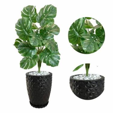 Imagem de Planta Costela De Adão Artificial + Vaso Pedra Branca Casa - Flor Imp
