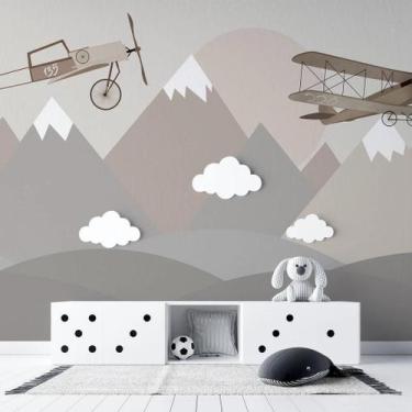 Imagem de Papel de Parede Infantil de Aviões de Montanhas Coloridas - AloPapers,