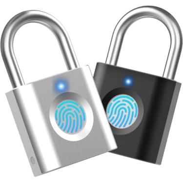 Imagem de Cadeado Inteligente Cadeado de Academia: Pacote com 2 Prata e Preto - Mini Cadeado de Impressão Digital eLinkSmart Locker Lock com 20 Impressões Digitais Metal Colorido Sem Chave Serve Bagagem Bolsa