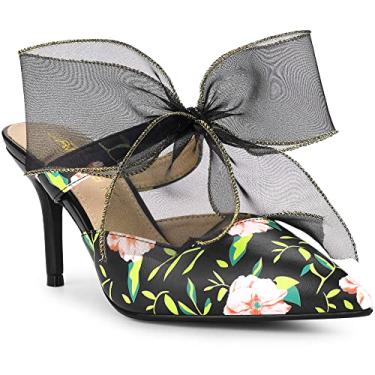 Imagem de Allegra K Sapato feminino bico fino renda laço floral estampado salto agulha mules, Preto, 9