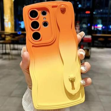 Imagem de HPQWN Para Galaxy S24 Plus Gradient Wave Wrist Strap Case (Para Galaxy S24 Plus/Amarelo Laranja)