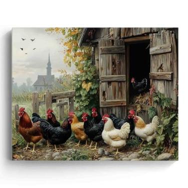 Imagem de B.B.F MAKE Arte de parede em tela de galinhas de fazenda - Pintura a óleo vintage rústica impressão de pôster de animais de fazenda, decoração de parede encantadora para casa, cozinha, sala de estar