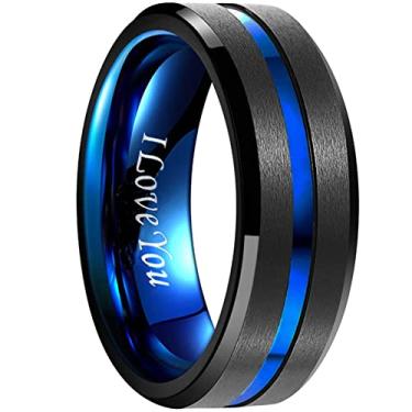 Imagem de NUNCAD Anel de tungstênio de 4 mm/6 mm/8 mm/10 mm para homens e mulheres preto/azul/dourado/ouro rosa/prata sulco bordas chanfradas gravadas I Love You tamanho 4 a 17, 14.5, Carboneto de tungstênio, Sem pedras preciosas