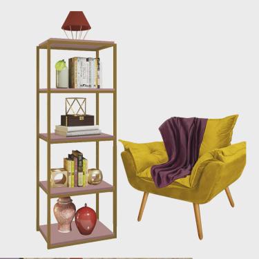 Imagem de Kit Poltrona Fatte com Manta Soft Bordô e Estante Livreiro Ferro Dourado mdf Rose Suede Amarelo - Ahz Móveis