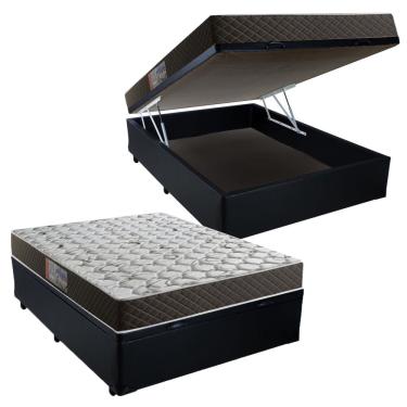 Imagem de Cama Box Casal Baú sintético preto Colchão de Espuma Semi Ortopédico Extra Firme Resistente 138x188x52cm Suporta 80kg Por Pessoa