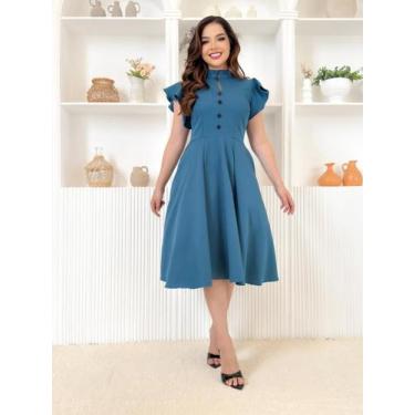 Imagem de Vestido Midi Godê Alfaiataria Social Gola Alta Elegante - Fashion, Azu