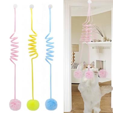Imagem de Hfpengzan 3 peças de brinquedos de bola de gato fofos para pendurar com sino, brinquedos retráteis interativos para gatos dentro de casa perseguindo e brincando