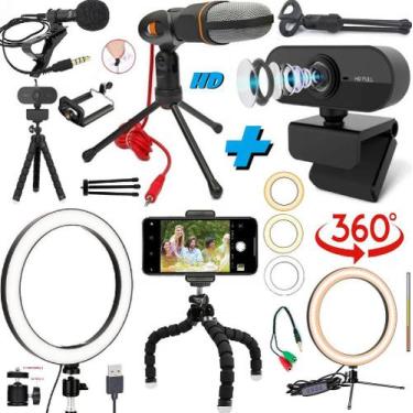 Imagem de Kit Home Office Webcam Led Ring Light Iluminador Celular Microfone Pro