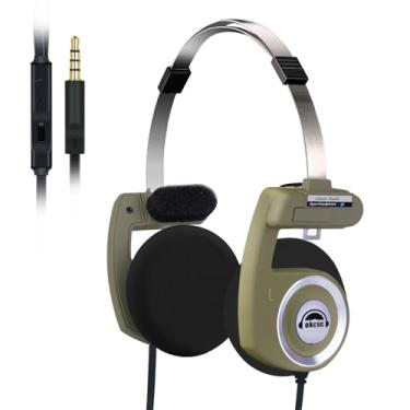 Imagem de okcsc Fones de ouvido clássicos, estilo retrô/design dobrável/diversão o dia todo/almofadas temporais ajustáveis, fácil de transportar para som Hi-Fi, deslocamento, viagens, festa, trabalho, microfone