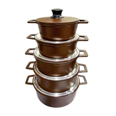 Imagem de Jogo 5 Panelas Alumínio Batido Fundido Marrom Premium Tampa Pesada