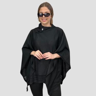 Imagem de Poncho Feminino Tricô Lã Gola Alta Quente Inverno Estilo - GIP, Preto,
