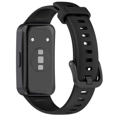 Imagem de AWADUO Pulseira de silicone ajustável inteligente de substituição compatível com Huawei Band 10/10 NFC/9/9 NFC/8/8 NFC, pulseira respirável, macia e durável (cabeça de metal/preta)