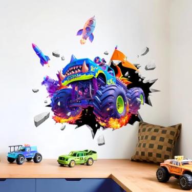 Imagem de Supzone Decalques de parede de carro de corrida 3D para meninos, adesivo de parede de vinil Monster Truck Break Through The Wall para quarto de crianças, berçário, sala de jogos, sala de aula
