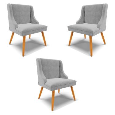 Imagem de Kit 3 Cadeiras Decorativas Sala De Jantar Pés Palito De Madeira Suede Cinza/natural