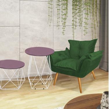 Imagem de Kit Poltrona Opala Com 2 Mesas Lol Ferro Branco Tampo Redondo Rose Suede Verde - Amey Decor