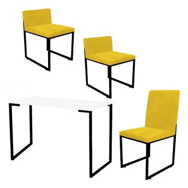 Imagem de Kit Mesa Escrivaninha Com Cadeira Stan E 2 Poltronas Tampo Branco Ferro Preto Corino Amarelo