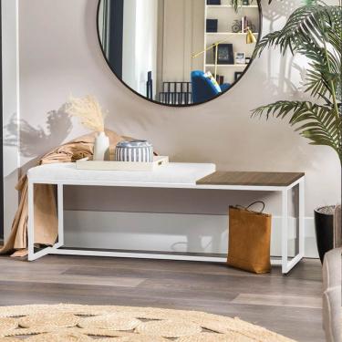 Imagem de Banco Recamier Puff 140cm Industrial Branco Suede Branco Tampo Quadrado Mdf Madeira